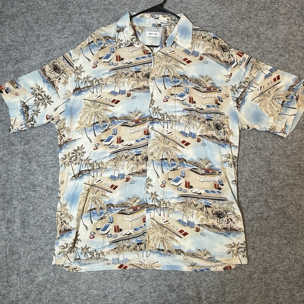 Pierre Cardin Hawaiian Shirt Mens XL Tropical Casino Rayon Blue Multi Floral